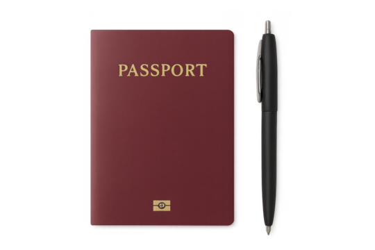 Passport and pen for international travel on transparent background