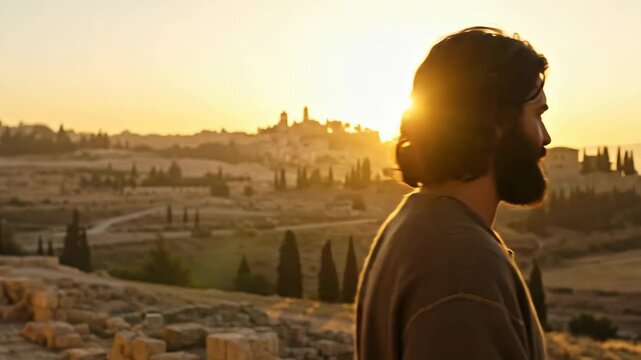 Jesus preaching gospel near Jerusalem walls at golden hour. Religious event for christianity and resurrection.