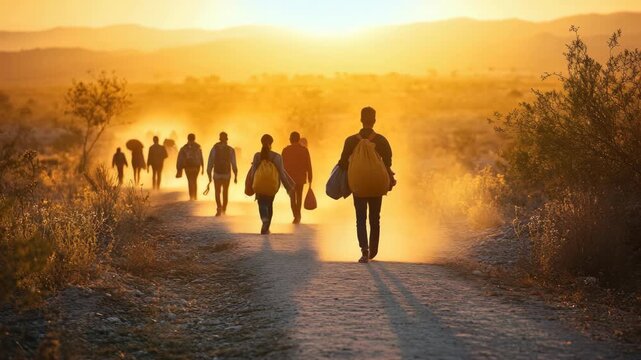 A group of migrants walking along a dusty desert road at sunset, carrying their belongings on the journey.
