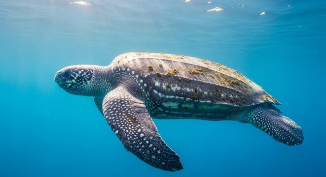 Leatherback Sea Turtle Swimming Gracefully in Clear Blue Ocean Water