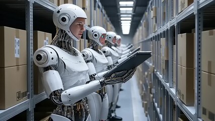 Automated warehouse operations with humanoid robots managing inventory and logistics - Powered by Adobe