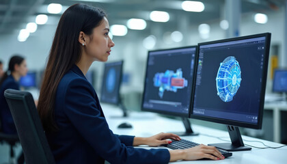 Young woman engineer works on computer designing electric engine. She uses CAD software with 3D model on screen in high-tech factory office. Other colleagues work nearby.