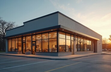 Fototapeta premium Modern office building exterior with large glass facade and empty parking lot at sunset. Corporate or retail space with contemporary architecture and landscaped surroundings in a quiet area.