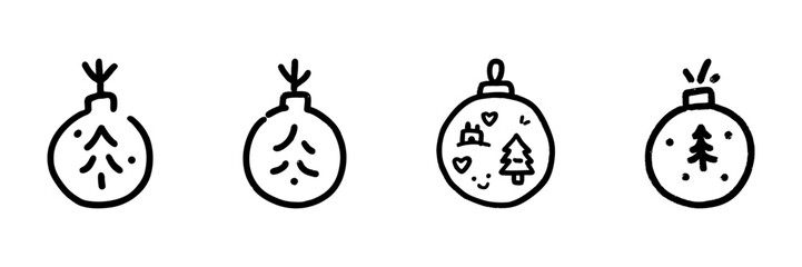Fototapeta premium Christmas Tree Ornaments Line Icon Set In Doodle Style. Festive Holiday Decoration And Celebration Symbols Outline Sketch Collection. Hand Drawn Isolated Vector Illustration