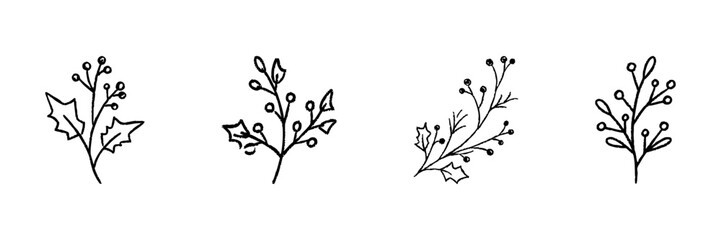 Fototapeta premium Holly And Berry Branches Line Icon Set In Doodle Style. Festive Holiday Decoration And Nature Elements Outline Sketch Collection. Hand Drawn Isolated Vector Illustration