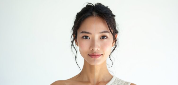 Split face portrait of young asian woman. Left side shows bare skin with freckles. Right side has flawless makeup and perfect eyelashes. Concept beauty comparison.