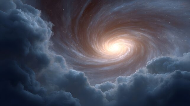A radiant cosmic vortex akin to a swirling galaxy glows intensely within dark dramatic clouds at the edge of twilight