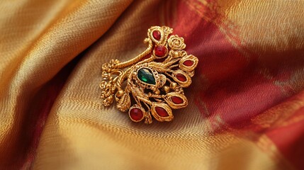 Traditional South Asian nose pin with intricate filigree work in gold embellished with tiny red and green gemstones Displayed on a traditional silk fabric for a rich look