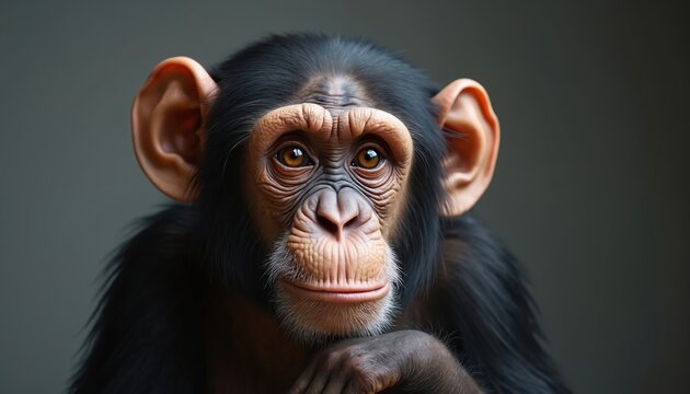 Young chimpanzee rests chin on paw, deep in thought. Intelligent primate looks forward with pensive, curious expression. Cute wild ape contemplates problem, isolated on gray studio background with