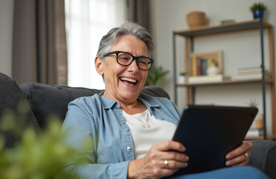Joyful mature woman laughs using a tablet at home. Middle aged female smiles having video call. Grandma watches funny content in social media app. Online communication brings positive emotions.