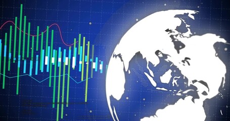 On data update white globe rotating while bars rising and lines waving showing finance analytics - Powered by Adobe
