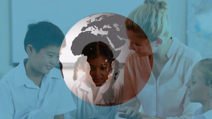 Teacher presenting tablet, gesturing, pupils leaning and touching while globe rotating in classroom - Powered by Adobe
