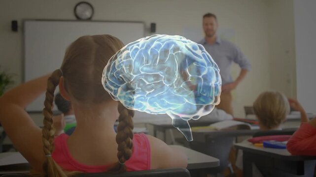 Teacher asking in education, students raising hands while 3D brain rotating to show engagement