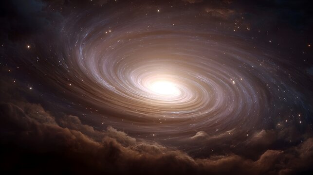A vibrant spiral galaxy swirls with a bright core surrounded by cosmic clouds and distant stars in a majestic display of the universe