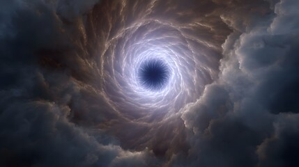 A dramatic swirling vortex of light and dark clouds resembling a cosmic portal or wormhole drawing viewers into the abyss