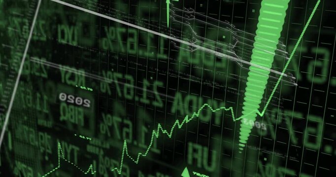 White diagonal line sliding, urging arrows and spikes rising on green dotted chart showing rally