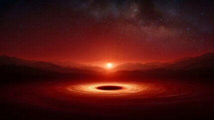 A black hole with a swirling accretion disk under a crimson sunset in deep space