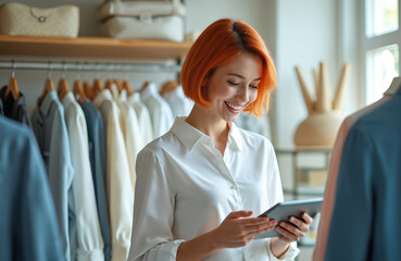 Woman in stylish boutique using digital tablet. Smiling woman holds device inside store. Manager analyses clothes collection. Retail shop assistant checks online order. Small local business owner