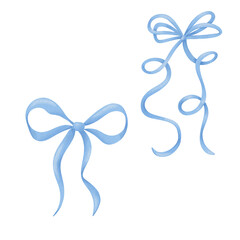 Watercolor set of  blue bow, ribbon silk, illustration for design.