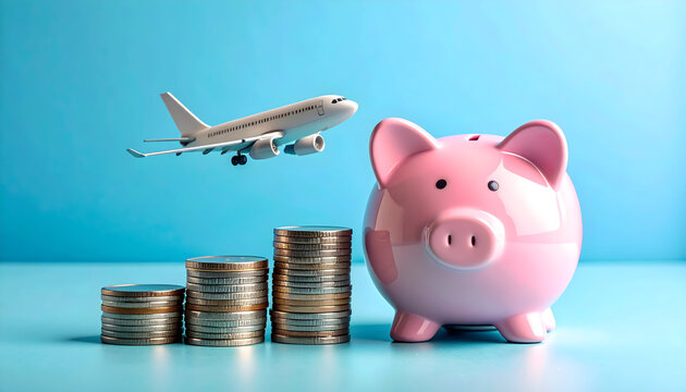 Saving for Travel Dreams: A piggy bank symbolizes financial security for wanderlust aspirations, as stacks of coins and an airplane represent the path toward travel goals. 
