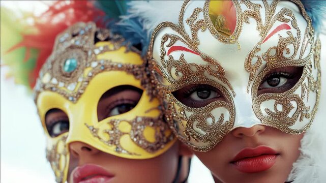 Two women wearing ornate masks, with detailed designs and vibrant colors that are typically used in carnivals and festivals around the world.
