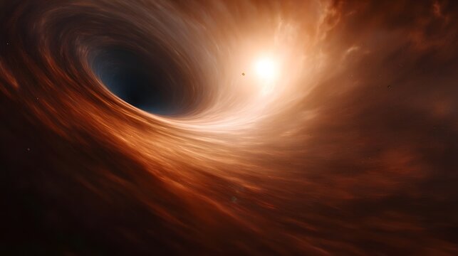 Cosmic black hole with a fiery orange accretion disk and warped light from a distant star