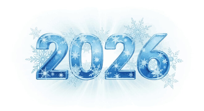 Vibrant blue 2026 text with sparkling snowflakes and light rays