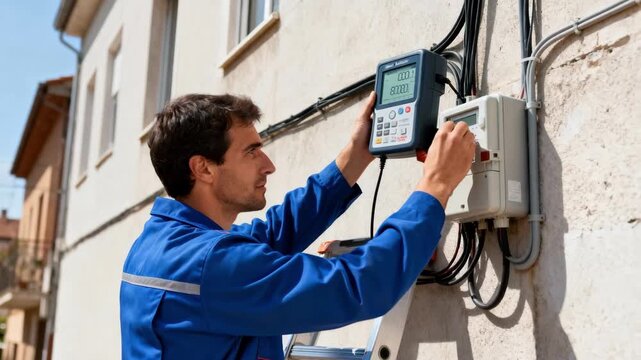 Technician using smart meter analyzer on urban building wall to detect illegal power tapping and ensure proper electricity usage in city infrastructure.