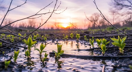 natural spring twigs of different sizes scattered lightly, leaving peaceful empty space, fresh young leaves, pastel-colored sky, gentle sunlight glow, dreamy bokeh, natural calm lighting