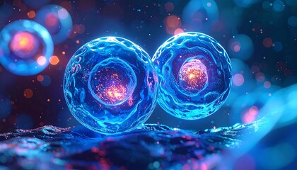 Detailed Microscopic View of Two Cells with Glowing Nuclei.