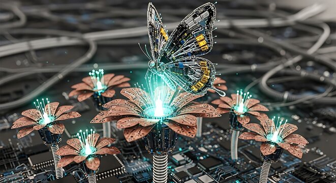 Cybernetic Butterfly on Digital Flower Circuit Board
