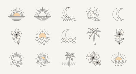 Minimalist Line Art Set: Sun, Moon, Waves, Palm, Flower Icons
