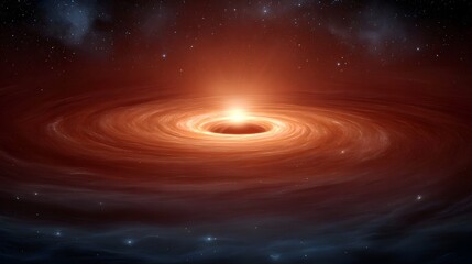 A vibrant accretion disk of red and orange material swirls around a dark cosmic void illuminated by intense light within a starry nebula