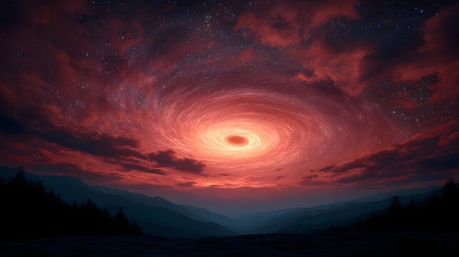 Dramatic crimson sunset sky above silhouetted mountains with a swirling cosmic vortex