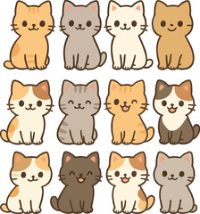 Cute Kitten Icons Set Minimalist Kawaii Cat Illustration in Flat Design