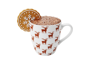 Festive Hot Chocolate in Reindeer Mug with Snowflake Gingerbread Cookie - Cozy Winter Holiday Drink Isolated on White