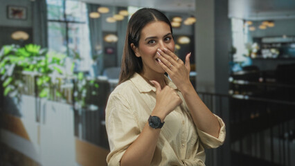 Fototapeta premium Young brunette woman covering mouth with hand and thumb pointing to herself in restaurant building; surprise playful moment.