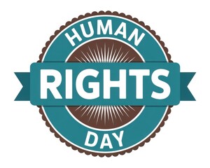 Fototapeta premium Illustration of human rights day in a teal and brown badge with white text on a ribbon banner