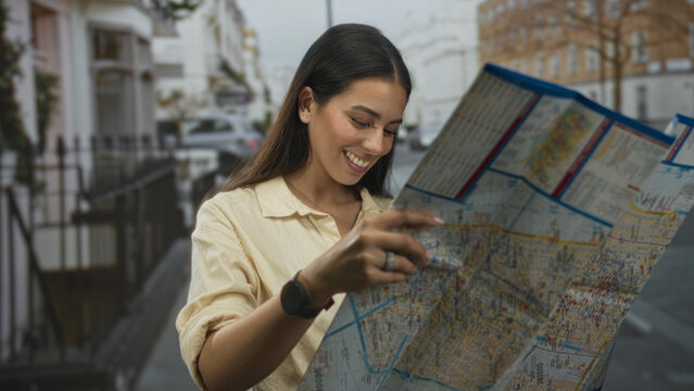 Young brunette woman holding a folded city map on street, smiling and points finger at route while reading directions; curiosity travel exploration.