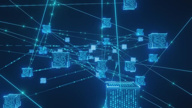 Abstract blockchain network concept. Glowing digital data blocks connected. Represents cryptocurrency, decentralized technology, global network, modern finance, data exchange