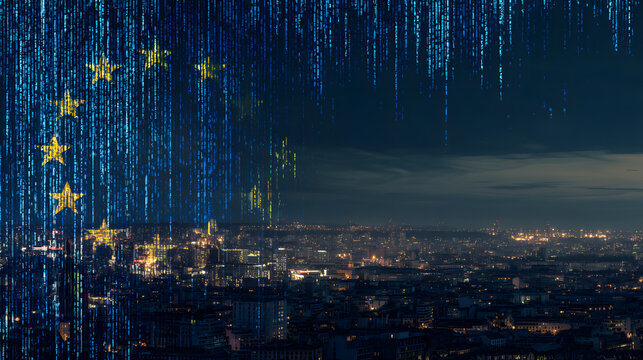 NIS2 EU Cybersecurity Directive Concept, European Union Flag with Digital Data Overlay Night Cityscape Background