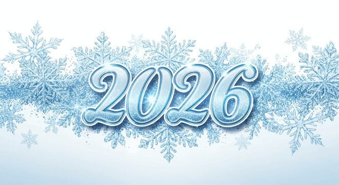 The year 2026 rendered in sparkling, icy blue font, surrounded by festive border shimmering snowflakes, evoking winter theme