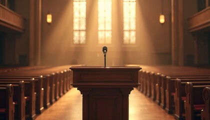 Wooden podium with microphone stands in empty church hall facing rows of pews. Sunlight streams through tall windows creating dramatic atmosphere. Ready for preacher speaker, sermon, lecture ceremony.