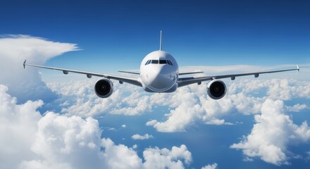 Fototapeta premium Airplane Flying Above Fluffy White Clouds Under Bright Blue Sky