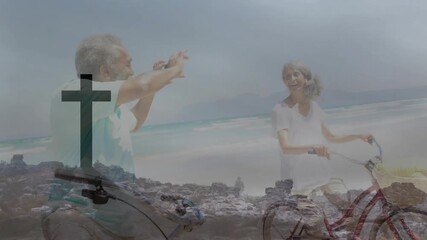 Man raising phone and framing travel photography shot, woman holding bicycle, cross overlay fading - Powered by Adobe