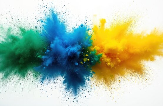Explosion of colorful powder in Brazilian flag colors green blue yellow. Powder bursts create dynamic abstract clouds, fine dust particles against white background. Festive energy of celebration
