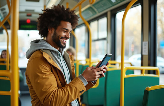 Man smiles using mobile phone to pay fare on bus. Passenger commutes happily checking app for transport ticket inside public vehicle. Modern urban travel convenience.