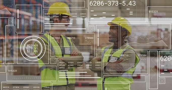 Two warehouse staff conversing as data feed initiating HUD updating metrics and gauge for inventory