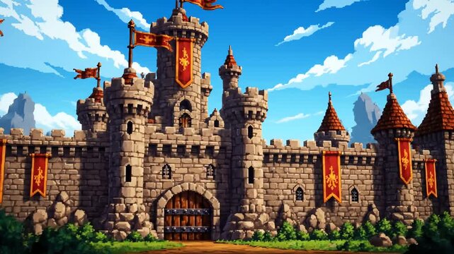 Animated Castle Towers Under Bright Blue Sky with Waving Banners