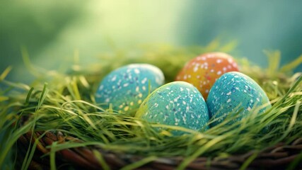 A basket of multicolored eggs in a stylized nest, evoking the joyful spirit of Easter celebrations.